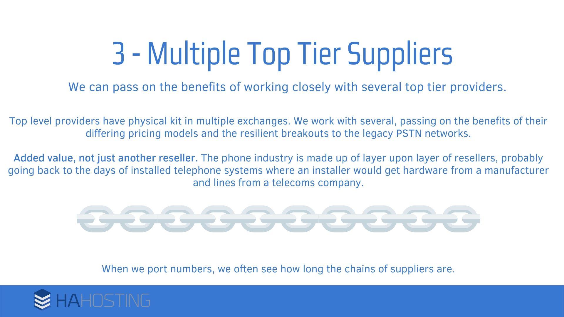 4 Multiple top tier suppliers - Top level providers have physical kit in multiple exchanges. We work with several, passing on the benefits of their differing pricing models and the resilient breakouts to the legacy PSTN networks. Added value, not just another reseller. The phone industry is made up of layer upon layer of resellers, probably going back to the days of installed telephone systems where an installer would get hardware from a manufacturer and lines from a telecoms company. When we port numbers, we often see how long the chains of suppliers are.
